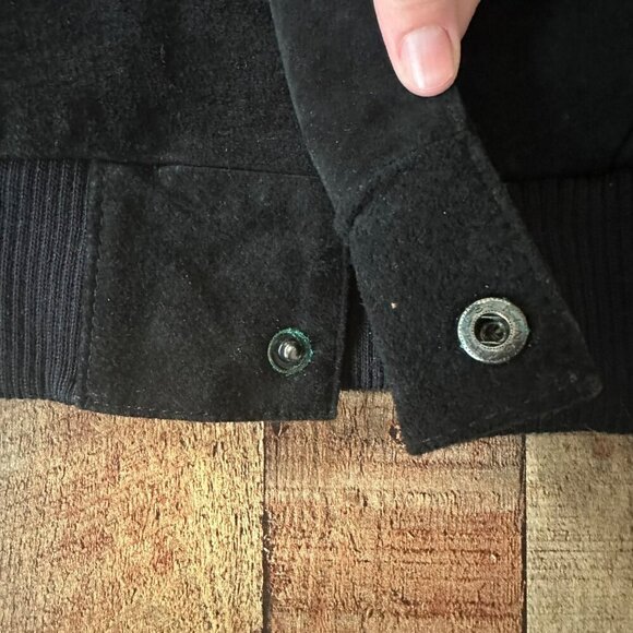 Vintage Camel Black Leather Suede Bomber Jacket With Ribbed Cuffs & Snap Buttons - Picture 4 of 12